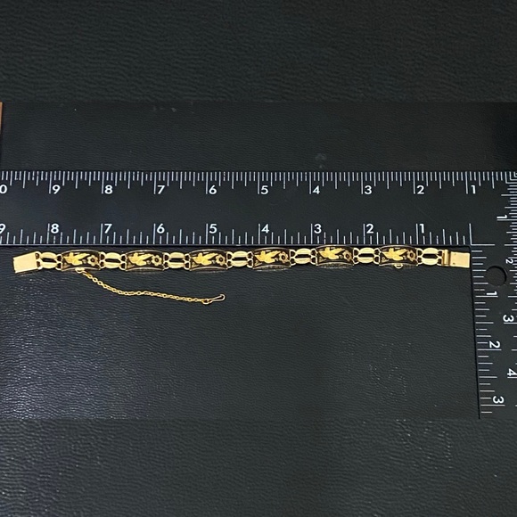 Vintage Damascene Gold-tone Enameled Birds & Flowers Link 8” Bracelet 16.3g - Picture 11 of 15